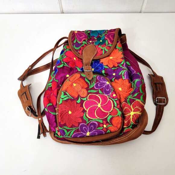 Handcrafted Floral Embroidered Cotton & Faux Suede Backpack - Picture 9 of 9